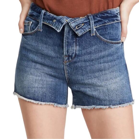Good American Foldover Frayed Denim Cutoff Jeans Short In Blue Size 16 - Picture 1 of 15